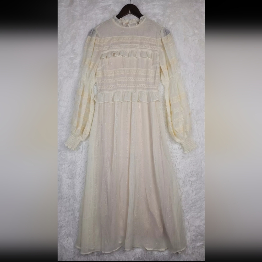 Sz Sm Champagne & Strawberry‎ Ivory Ruffle Midi Maxi Dress Cottagecore Milkmaid